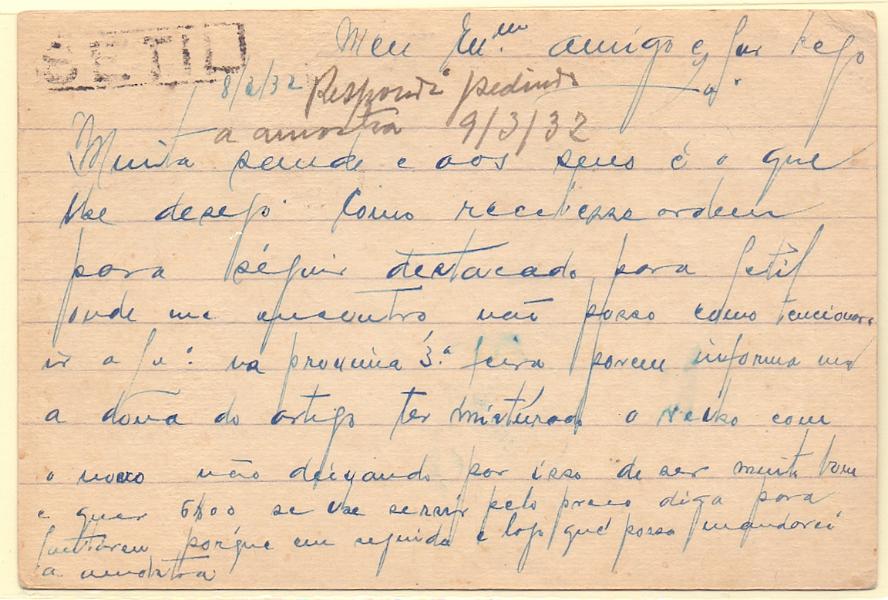 0471 v.jpg -     Lote:    471 (verso)            Correio Ferroviário       Descrição:         Correio ferroviário * Marcas nominativas. 1931 &mdash; Lusíadas. OM80, 25C carmim. Circulado de Setil pela Ambulância Norte I (08.03.32) para Lisboa. No verso carimbo linear nominativo batido a preto da estação ferroviária de "SETIL".        IC       Valor Base:     &euro; 20,00     Valor Venda:     &euro; 20,00     